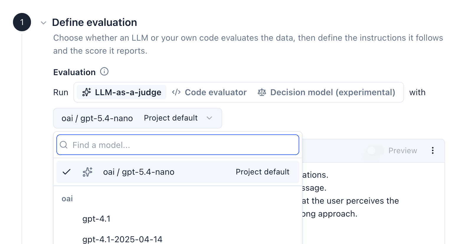 Choose the project default evaluation model in the Set up evaluator wizard.